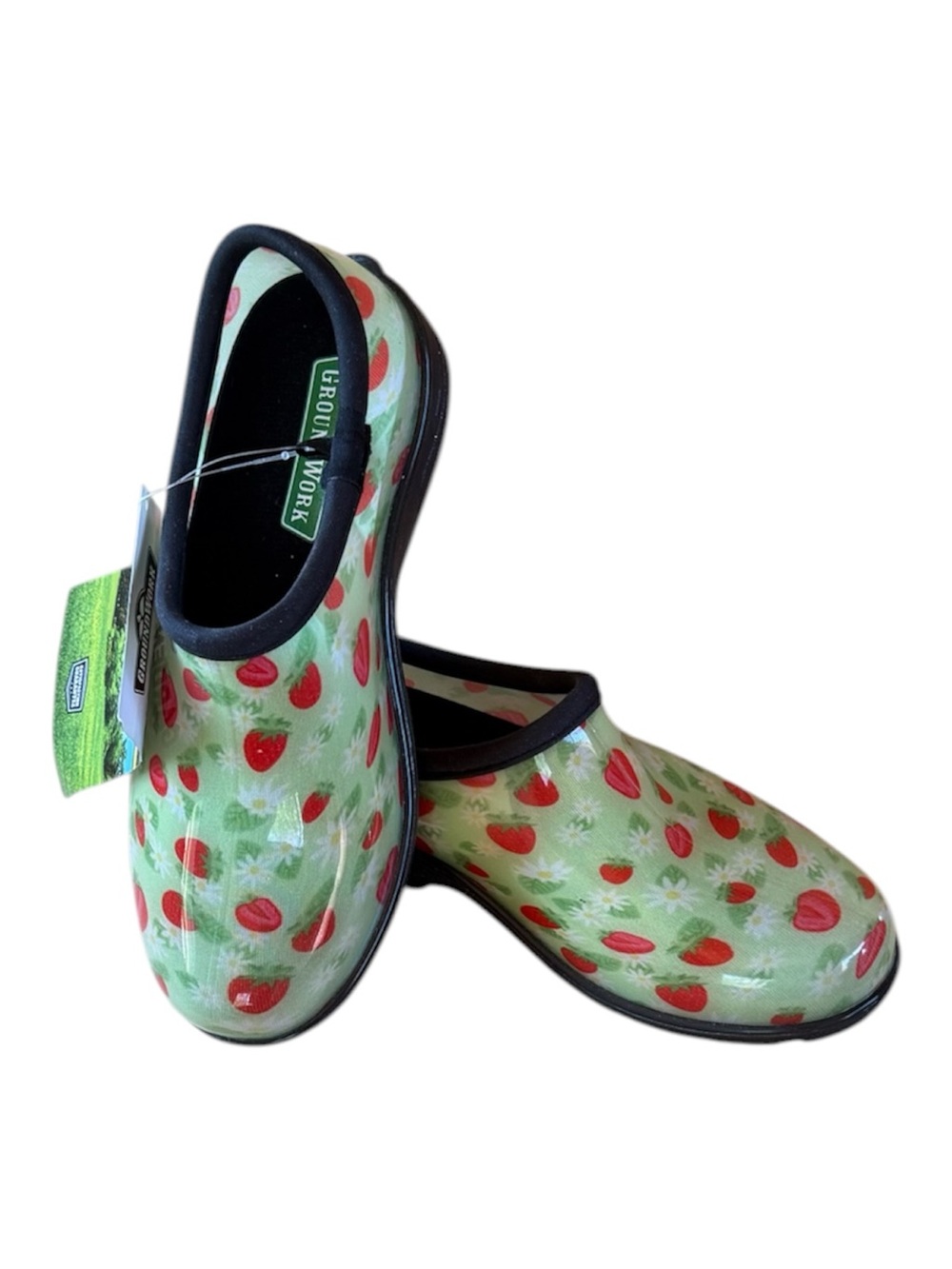 Women’s Strawberry Print Rain Clogs, green garden shoes, Women’s garden Shoes